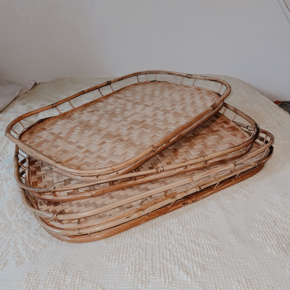 Vintage Boho Bamboo Wicker Serving Trays